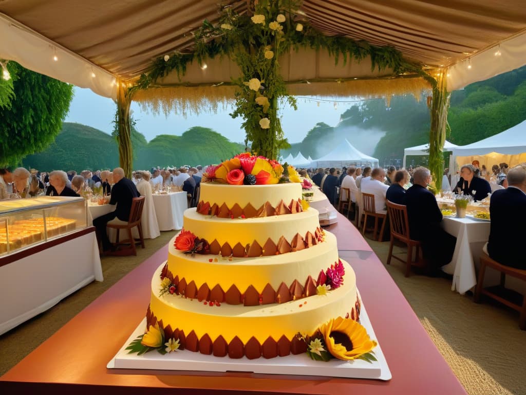  A photorealistic image of a bustling bakery at a sustainabilitythemed dessert festival, showcasing a wide array of colorful, intricately decorated cakes and pastries made using ecofriendly practices. The scene includes pastry chefs in crisp white aprons skillfully piping intricate designs onto cakes, while in the background, patrons admire the beautiful and delicious treats displayed on wooden tables adorned with fresh flowers and recycled paper decorations. The warm, inviting ambiance of the festival is enhanced by the soft glow of fairy lights strung overhead, casting a gentle illumination on the delectable desserts and the smiling faces of attendees enjoying the sustainable sweets. hyperrealistic, full body, detailed clothing, highly detailed, cinematic lighting, stunningly beautiful, intricate, sharp focus, f/1. 8, 85mm, (centered image composition), (professionally color graded), ((bright soft diffused light)), volumetric fog, trending on instagram, trending on tumblr, HDR 4K, 8K