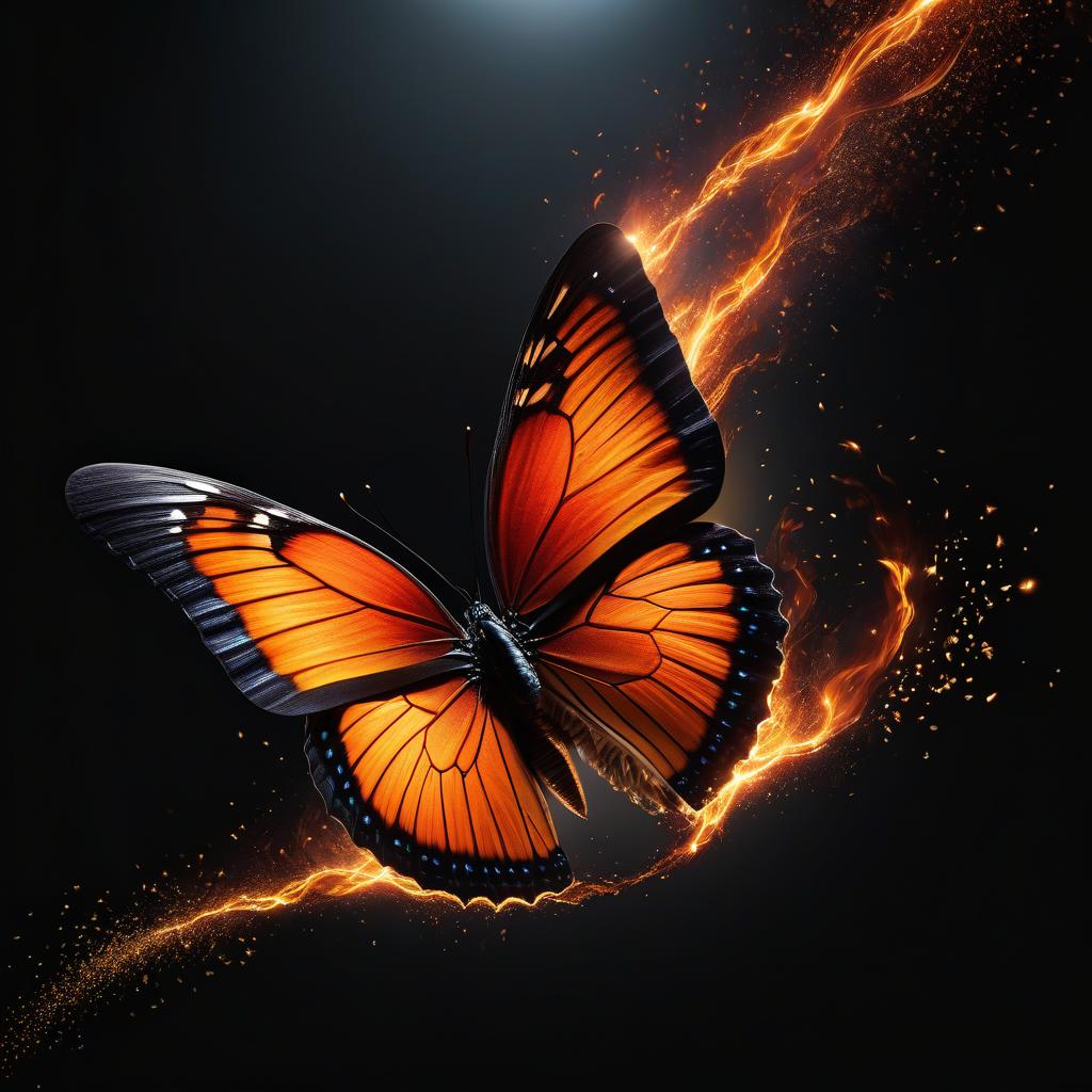  The silhouette of light and fire in the form of a butterfly, from it rays of light, sparks, and a clear outline remains in the air against a dark background. 1024 by 768. Note: Punctuation and capitalization have been maintained as they were in the original prompt. hyperrealistic, full body, detailed clothing, highly detailed, cinematic lighting, stunningly beautiful, intricate, sharp focus, f/1. 8, 85mm, (centered image composition), (professionally color graded), ((bright soft diffused light)), volumetric fog, trending on instagram, trending on tumblr, HDR 4K, 8K