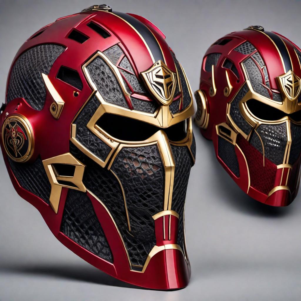  A Thanos-inspired goalie mask in Ottawa Senators colors. The mask should incorporate Thanos' menacing face with details such as the iconic chin lines and intense eyes. The primary colors should be red, black, and gold, reflecting the Ottawa Senators team. Include elements like the Infinity Gauntlet with glowing Infinity Stones on one side of the mask. The Senators' logo should be subtly integrated into the design, perhaps on the forehead or cheek area. Overall, the mask should have a fierce and powerful look, suitable for an intimidating goalie. hyperrealistic, full body, detailed clothing, highly detailed, cinematic lighting, stunningly beautiful, intricate, sharp focus, f/1. 8, 85mm, (centered image composition), (professionally color graded), ((bright soft diffused light)), volumetric fog, trending on instagram, trending on tumblr, HDR 4K, 8K