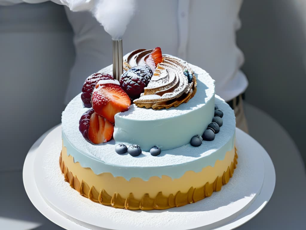  An ultradetailed image of Stéphane Glacier meticulously crafting a multilayered, intricate pastry masterpiece in his elegant bakery. The scene captures his intense focus as he delicately pipes swirls of vibrant icing onto the perfectly golden dessert, showcasing his artistry and precision in a minimalistic and sophisticated setting. The soft lighting enhances the textures and colors of the delectable pastries, highlighting the dedication and skill that have elevated Stéphane Glacier to the pinnacle of his craft. hyperrealistic, full body, detailed clothing, highly detailed, cinematic lighting, stunningly beautiful, intricate, sharp focus, f/1. 8, 85mm, (centered image composition), (professionally color graded), ((bright soft diffused light)), volumetric fog, trending on instagram, trending on tumblr, HDR 4K, 8K