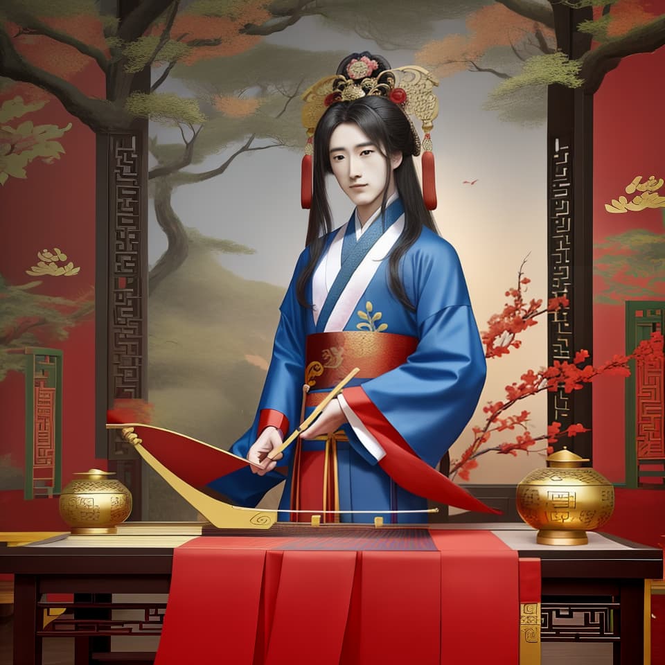  Chinese fairy style, handsome guy, ancient people, playing guzheng, Hanfu