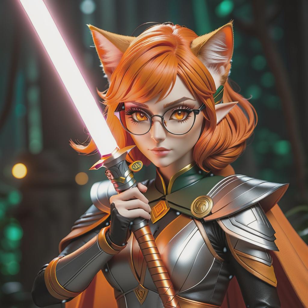  Face up close, laser sword in front of it, orange hair, elf, cat ears on head, glasses, orange eyes. hyperrealistic, full body, detailed clothing, highly detailed, cinematic lighting, stunningly beautiful, intricate, sharp focus, f/1. 8, 85mm, (centered image composition), (professionally color graded), ((bright soft diffused light)), volumetric fog, trending on instagram, trending on tumblr, HDR 4K, 8K