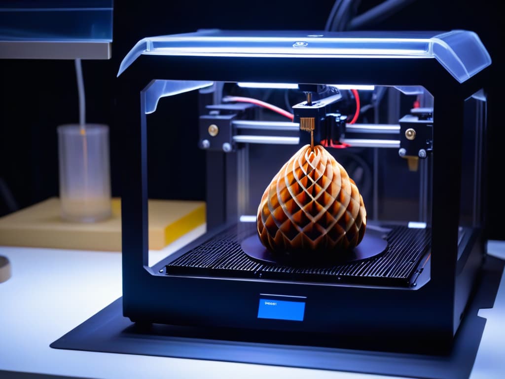  An ultradetailed 8k image of a sleek, modern 3D printer in action, delicately crafting intricate and artistic chocolate designs. The printer is surrounded by a soft glow, highlighting the precision of its movements and the beauty of the chocolate creations taking shape. The background is dark, emphasizing the elegance and sophistication of the technology at work. hyperrealistic, full body, detailed clothing, highly detailed, cinematic lighting, stunningly beautiful, intricate, sharp focus, f/1. 8, 85mm, (centered image composition), (professionally color graded), ((bright soft diffused light)), volumetric fog, trending on instagram, trending on tumblr, HDR 4K, 8K