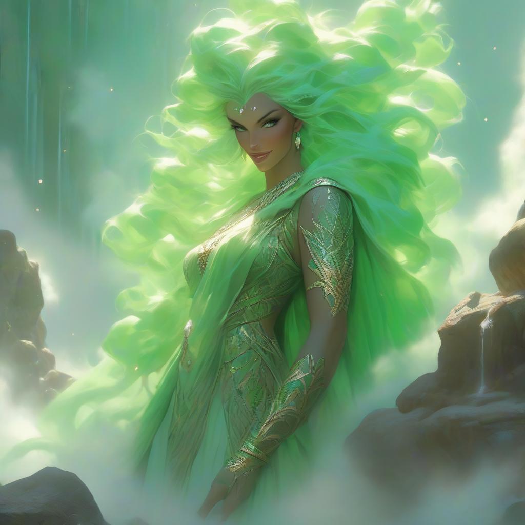  ethereal fantasy concept art of Goddess of the earth, spirit of the earth, beautiful woman standing among stones, against a backdrop of rock and mist, chestnut hair, green eyes, smile, jewels of green stones in her hair, mystery, mistress of the copper mountain, realism. . magnificent, celestial, ethereal, painterly, epic, majestic, magical, fantasy art, cover art, dreamy hyperrealistic, full body, detailed clothing, highly detailed, cinematic lighting, stunningly beautiful, intricate, sharp focus, f/1. 8, 85mm, (centered image composition), (professionally color graded), ((bright soft diffused light)), volumetric fog, trending on instagram, trending on tumblr, HDR 4K, 8K