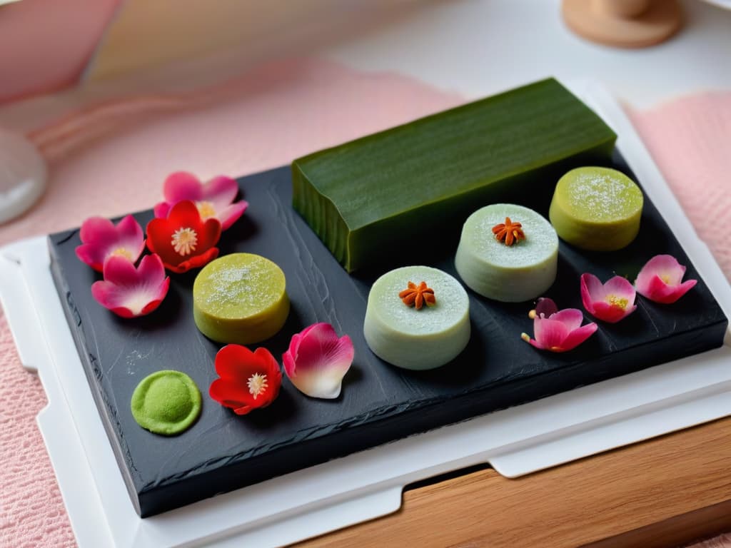  An intricately arranged flat lay of colorful traditional Japanese wagashi confections, featuring perfectly round Daifuku with various fillings like matcha, red bean paste, and sakura petals, alongside smooth Mochi squares in muted pastel hues, all set on a sleek black slate platter with elegant chopsticks resting beside them. hyperrealistic, full body, detailed clothing, highly detailed, cinematic lighting, stunningly beautiful, intricate, sharp focus, f/1. 8, 85mm, (centered image composition), (professionally color graded), ((bright soft diffused light)), volumetric fog, trending on instagram, trending on tumblr, HDR 4K, 8K