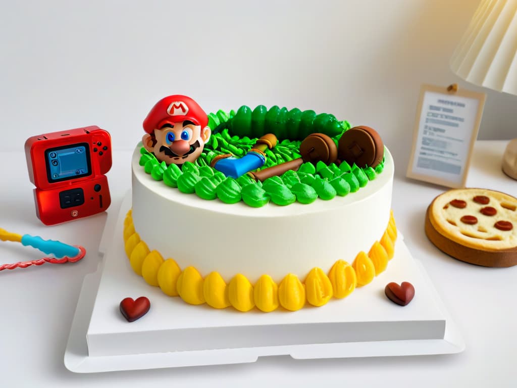  An ultradetailed 8k image of a sleek, minimalistic white kitchen counter adorned with a variety of Nintendothemed baking utensils arranged meticulously. The image features a set of vibrant Super Mario Bros themed measuring cups, a Legend of Zelda engraved rolling pin, a Splatooninspired cake stand, and a sleek Nintendo Switch spatula. The utensils are strategically placed, creating a visually appealing and professional display that would inspire any Nintendo fan to channel their love for gaming into baking masterpieces. hyperrealistic, full body, detailed clothing, highly detailed, cinematic lighting, stunningly beautiful, intricate, sharp focus, f/1. 8, 85mm, (centered image composition), (professionally color graded), ((bright soft diffused light)), volumetric fog, trending on instagram, trending on tumblr, HDR 4K, 8K