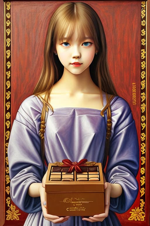  Lalisa Manoban holding a box of fine chocolates. Painted in the style of Leonardo da Vinci