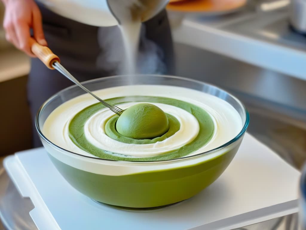  A closeup, ultradetailed image of a professional pastry chef expertly whisking a mixture in a large glass bowl, showcasing the intricate motion blur of the whisk as it smoothly blends together the ingredients. The chef's hands are precise and skilled, creating a mesmerizing swirl pattern in the mixture, highlighting the importance of proper whisking techniques in achieving the desired texture in creams and doughs. The image captures the essence of expertise and dedication in perfecting the art of whisking for optimal final textures. hyperrealistic, full body, detailed clothing, highly detailed, cinematic lighting, stunningly beautiful, intricate, sharp focus, f/1. 8, 85mm, (centered image composition), (professionally color graded), ((bright soft diffused light)), volumetric fog, trending on instagram, trending on tumblr, HDR 4K, 8K