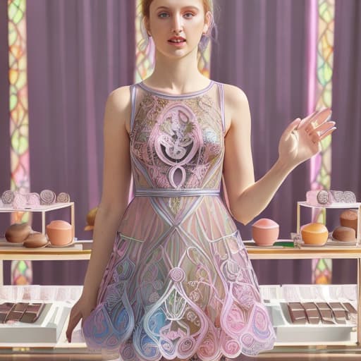  Beautiful Alica Schmidt (transparent lace multi colored pastel dress with visible)(pink cheeks)(shadow lighting)(Superrealism)(Foreground: open box of fine dark chocolates on a small serving table)(Background artdeco mansion)(gold scrollwork)(delicate hands and fingers)