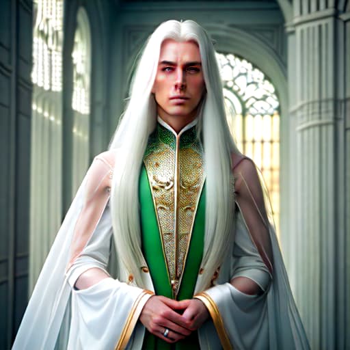  long white hair and green eyes boy hyperrealistic, full body, detailed clothing, highly detailed, cinematic lighting, stunningly beautiful, intricate, sharp focus, f/1. 8, 85mm, (centered image composition), (professionally color graded), ((bright soft diffused light)), volumetric fog, trending on instagram, trending on tumblr, HDR 4K, 8K