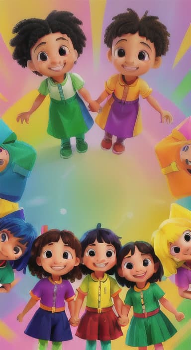  {A bright and colorful book cover with a group of happy children holding hands in a circle., Children of various ethnicities. They are smiling and wearing colorful clothing.