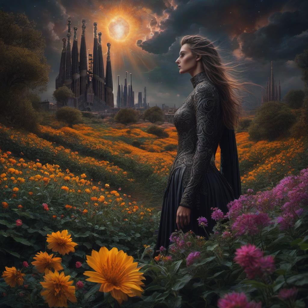  (stylized by Tomasz Alen Kopera:1.3) , dark art, dense flower field and Perseid meteor in background, landscape of a (Barcelona:1.2) , very Bizarre and 1600'S, Hurricane, Glitchcore, Amaro, layered textures, ornate, intricate artistic color, complimentary colors, very inspirational, atmosphere, fine artistic composition, sunny, theatrical hyperrealistic, full body, detailed clothing, highly detailed, cinematic lighting, stunningly beautiful, intricate, sharp focus, f/1. 8, 85mm, (centered image composition), (professionally color graded), ((bright soft diffused light)), volumetric fog, trending on instagram, trending on tumblr, HDR 4K, 8K