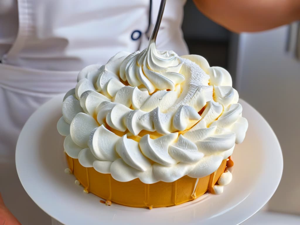  An ultradetailed closeup image of a chef's hands swiftly whisking a bowl of fluffy meringue, capturing the intricate motion blur of each whisk stroke, showcasing the intense focus and skill required in pastry competitions. The hands are adorned with professionalgrade baking tools, set against a sleek, minimalistic background to emphasize the elegant precision and expertise needed to handle unexpected challenges in a pastry contest. hyperrealistic, full body, detailed clothing, highly detailed, cinematic lighting, stunningly beautiful, intricate, sharp focus, f/1. 8, 85mm, (centered image composition), (professionally color graded), ((bright soft diffused light)), volumetric fog, trending on instagram, trending on tumblr, HDR 4K, 8K