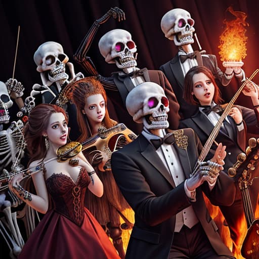  an orchestra of skeleton musician's with flaming eyes and gems for heart's