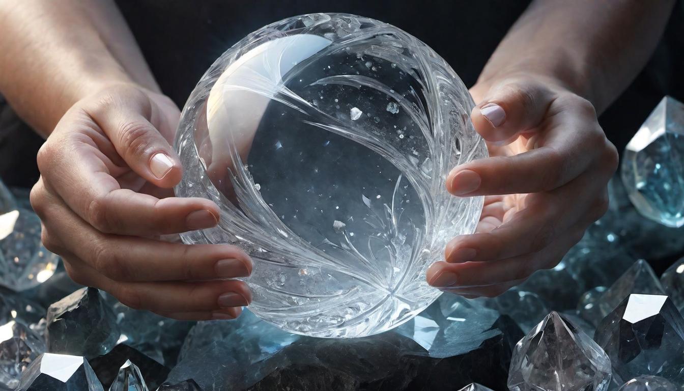  （surrealism)Close up of hands forming a protective sphere of energy, soft light enveloping the shape, surrounded by crystals, concentration, intention mystic, intricate details, best quality)