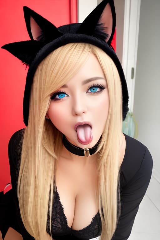  Blonde, blue eyes, big tits, red face, cat ears, tongue sticking out, long hair, blow job, female.