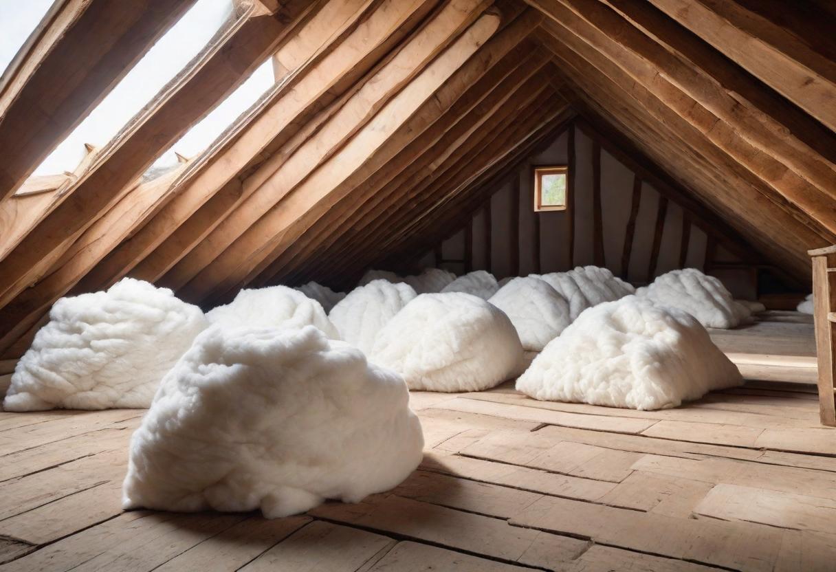  UHD stock photography, extremly realistic, 8K resolution, natural sun lighting during midday, professional, extremely detailed, Create an image of a cozy, welllit attic room with exposed wooden beams, On one side, show a neat stack of soft, white wool insulation ready for installation, On the other side, display loosely packed, fluffy cellulose insulation in soft gray hues, The mood is warm, inviting, and the scene suggests energy efficiency and ecofriendliness, use a Sony FE 85mm