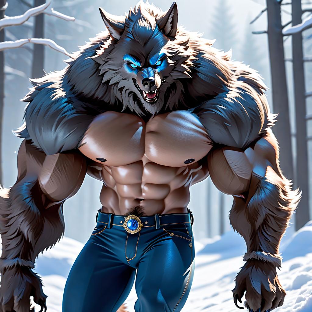  A werewolf with blue eyes stands in the snow in his trousers. hyperrealistic, full body, detailed clothing, highly detailed, cinematic lighting, stunningly beautiful, intricate, sharp focus, f/1. 8, 85mm, (centered image composition), (professionally color graded), ((bright soft diffused light)), volumetric fog, trending on instagram, trending on tumblr, HDR 4K, 8K