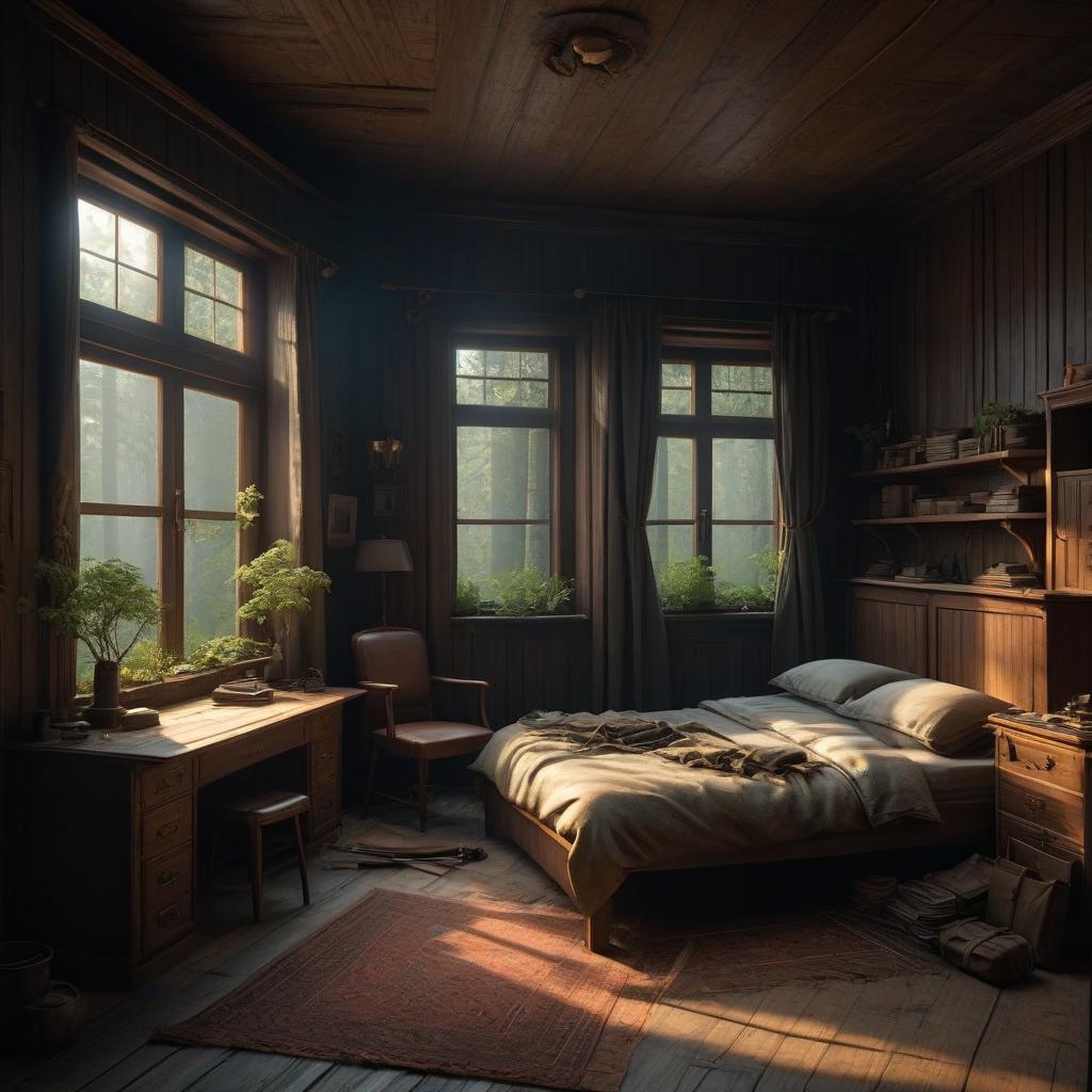  dystopian style USSR, room in the house, wooden house, dark tones, gloomy, dark, early morning, forest outside the window, sun rays from the window, bed by the window, desk, in the corner of the room desktop, next to the desktop violin, violin, violin in the case, cupboard, door . bleak, post apocalyptic, somber, dramatic, highly detailed hyperrealistic, full body, detailed clothing, highly detailed, cinematic lighting, stunningly beautiful, intricate, sharp focus, f/1. 8, 85mm, (centered image composition), (professionally color graded), ((bright soft diffused light)), volumetric fog, trending on instagram, trending on tumblr, HDR 4K, 8K