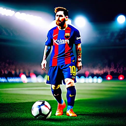  Messi hyperrealistic, full body, detailed clothing, highly detailed, cinematic lighting, stunningly beautiful, intricate, sharp focus, f/1. 8, 85mm, (centered image composition), (professionally color graded), ((bright soft diffused light)), volumetric fog, trending on instagram, trending on tumblr, HDR 4K, 8K