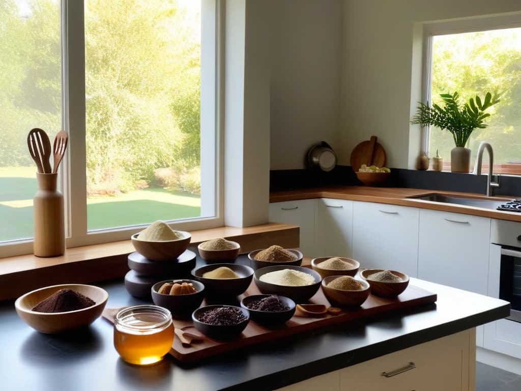  A visually stunning image of a modern, sleek kitchen with a pristine marble countertop showcasing a beautifully arranged array of sustainable baking ingredients such as organic flour, locally sourced honey, crueltyfree plantbased milk, and fairtrade dark chocolate. The sunlight streaming in through a nearby window highlights the ecofriendly bamboo mixing bowls and utensils neatly arranged beside a stack of reusable silicone baking mats. This minimalistic yet impactful image captures the essence of sustainable baking practices, inspiring readers to reduce their carbon footprint in the kitchen through thoughtful ingredient choices and ecoconscious baking tools. hyperrealistic, full body, detailed clothing, highly detailed, cinematic lighting, stunningly beautiful, intricate, sharp focus, f/1. 8, 85mm, (centered image composition), (professionally color graded), ((bright soft diffused light)), volumetric fog, trending on instagram, trending on tumblr, HDR 4K, 8K