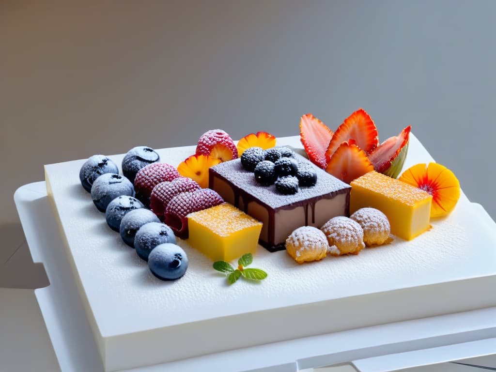  An 8k ultradetailed image of a sleek, modern dessert platter featuring an array of colorful, artistic pastries meticulously arranged on a white, minimalist plate. Each dessert is uniquely crafted to appeal to multiple senses, with vibrant colors, intricate textures, and delicate garnishes that showcase the artistry and creativity of inclusive pastry making. hyperrealistic, full body, detailed clothing, highly detailed, cinematic lighting, stunningly beautiful, intricate, sharp focus, f/1. 8, 85mm, (centered image composition), (professionally color graded), ((bright soft diffused light)), volumetric fog, trending on instagram, trending on tumblr, HDR 4K, 8K