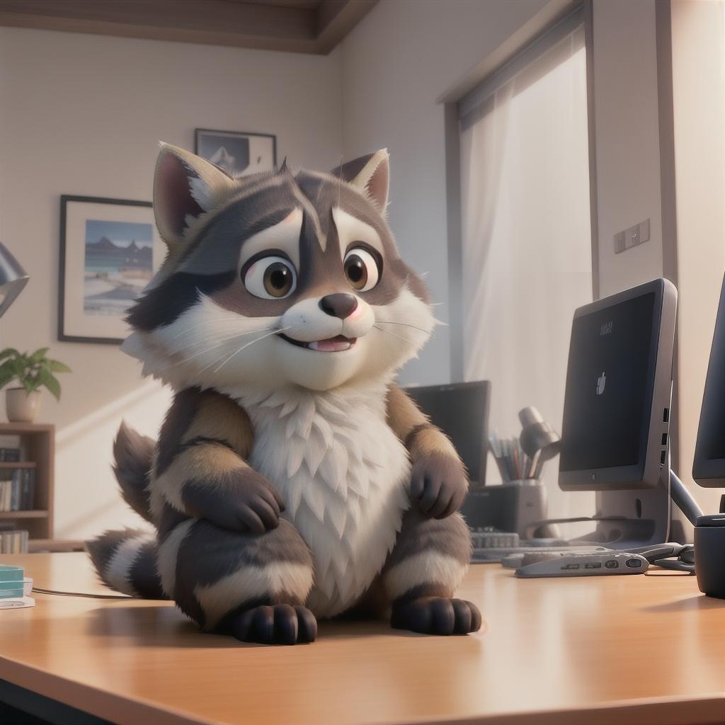  raccoon sitting in gaming chair front a computer on desktop, ((semi anthropomorphic)),(full body), tail, belly, sitting, fat, (chubby), (((white background))), solo, desktop, gaming chair, side view,  [[[clothes]]] hyperrealistic, full body, detailed clothing, highly detailed, cinematic lighting, stunningly beautiful, intricate, sharp focus, f/1. 8, 85mm, (centered image composition), (professionally color graded), ((bright soft diffused light)), volumetric fog, trending on instagram, trending on tumblr, HDR 4K, 8K