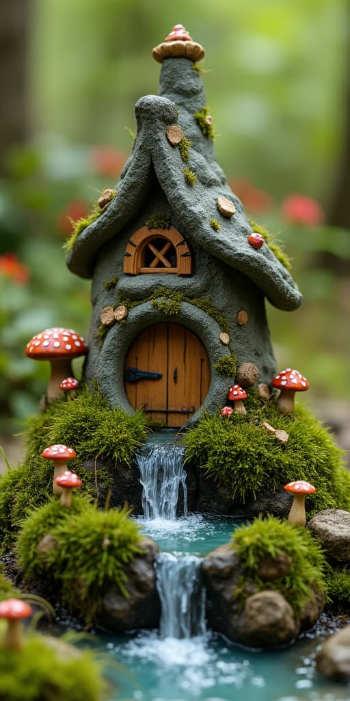  good quality, high quality, enchanting miniature fairy house nestled on a mossy rock with mushrooms and flowing water amidst vibrant greenery, crafting a whimsical nature haven.