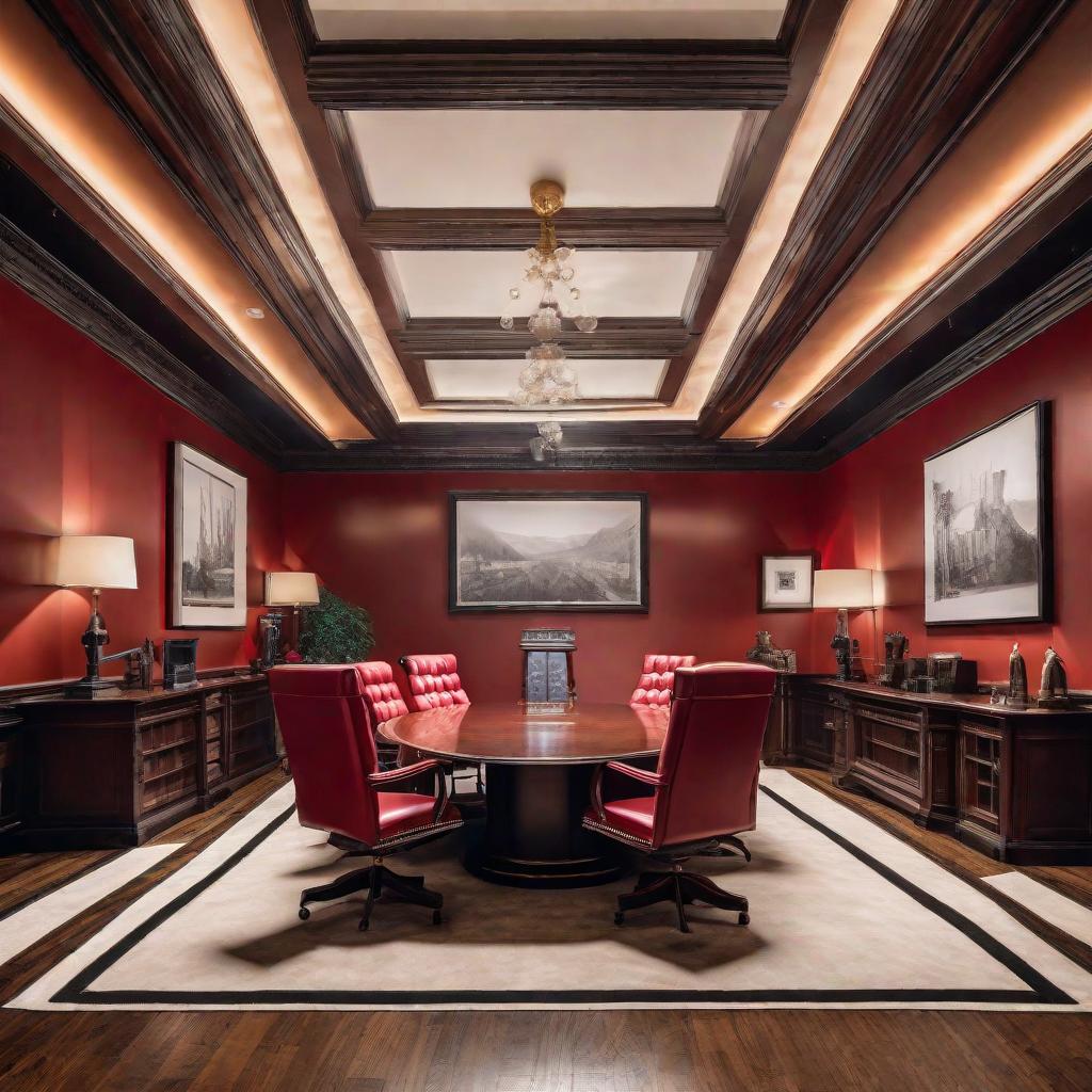  a highly detailed image of an executive meeting room with a large oval table surrounded by 6 leather, deep buttoned back red leather executive chairs with arms. the chairs are antiqued leather, deep buttoned, high back queen anne office chairs. There is recessed lighting in the ceiling that lights the room. At one end of the executive office there is a large dry erase board. walls are painted in pastel colors that make the room appear light and very spacious, lighting makes the room very warm and welcoming and comfortable. The lighting illuminates the whole room. The room is spacious and inviting and the chairs are well spaced apart, allowing ample room between each one. The image should be super high quality and 8k resolution. Highly detai hyperrealistic, full body, detailed clothing, highly detailed, cinematic lighting, stunningly beautiful, intricate, sharp focus, f/1. 8, 85mm, (centered image composition), (professionally color graded), ((bright soft diffused light)), volumetric fog, trending on instagram, trending on tumblr, HDR 4K, 8K