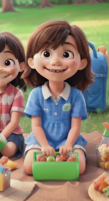  {Kids sitting around a picnic blanket, enjoying juice boxes and snacks., Children happily eating snacks, with crumbs on their faces and big smiles.