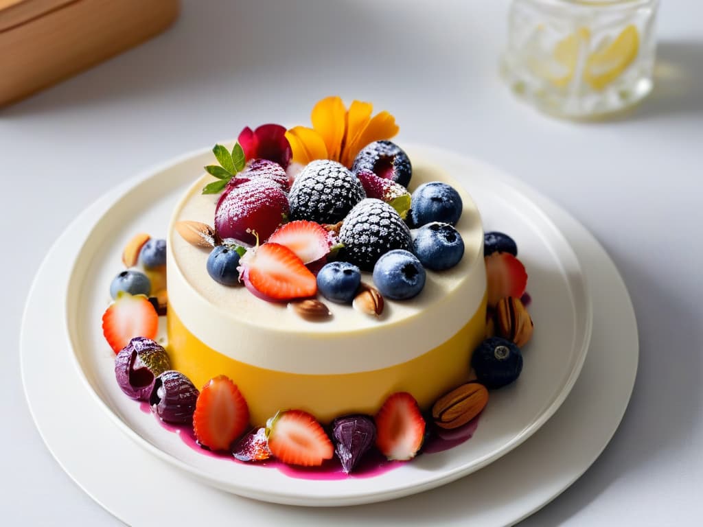  A highresolution, minimalist image of a sleek, modern dessert plate featuring a beautifully crafted amaranth parfait layered with vibrant fruits and nuts, drizzled with a delicate honey glaze, and garnished with edible flowers on a clean, white background. The presentation is elegant and visually striking, showcasing the fusion of traditional amaranth ingredients with a contemporary dessert aesthetic. hyperrealistic, full body, detailed clothing, highly detailed, cinematic lighting, stunningly beautiful, intricate, sharp focus, f/1. 8, 85mm, (centered image composition), (professionally color graded), ((bright soft diffused light)), volumetric fog, trending on instagram, trending on tumblr, HDR 4K, 8K