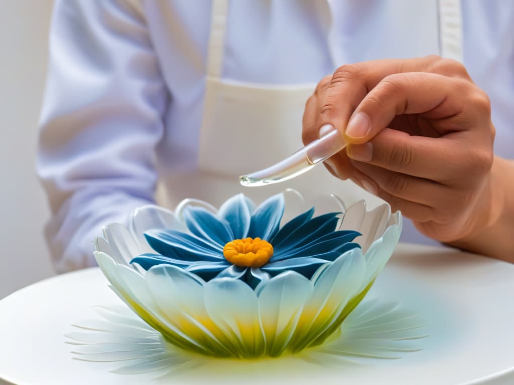  An ultradetailed closeup image of a chef's hands meticulously sculpting a delicate, transparent isomalt flower petal, showcasing the intricate craftsmanship and skill required to work with this medium. The hands are elegantly poised, with the glistening isomalt catching the light, emphasizing the precision and artistry involved in creating stunning transparent sculptures. hyperrealistic, full body, detailed clothing, highly detailed, cinematic lighting, stunningly beautiful, intricate, sharp focus, f/1. 8, 85mm, (centered image composition), (professionally color graded), ((bright soft diffused light)), volumetric fog, trending on instagram, trending on tumblr, HDR 4K, 8K