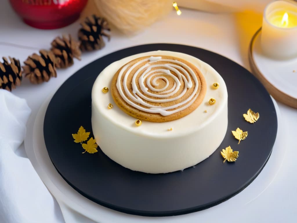  A closeup, ultradetailed image of a perfectly round, goldenbrown butter cookie topped with intricate white icing swirls and delicate gold leaf flakes, set on a sleek, matte black plate against a soft, blurred background of festive greenery and twinkling fairy lights. hyperrealistic, full body, detailed clothing, highly detailed, cinematic lighting, stunningly beautiful, intricate, sharp focus, f/1. 8, 85mm, (centered image composition), (professionally color graded), ((bright soft diffused light)), volumetric fog, trending on instagram, trending on tumblr, HDR 4K, 8K