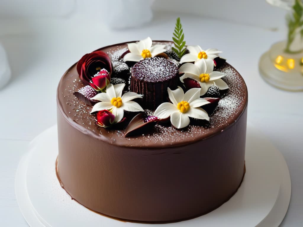  An 8k ultradetailed image of a beautifully intricate chocolate cake decorated with delicate edible flowers, shimmering gold leaf, and precise piped frosting details, all set against a clean, minimalist background to emphasize the exquisite craftsmanship and artistry involved in professional pastry photography enhanced with Augmented Reality. hyperrealistic, full body, detailed clothing, highly detailed, cinematic lighting, stunningly beautiful, intricate, sharp focus, f/1. 8, 85mm, (centered image composition), (professionally color graded), ((bright soft diffused light)), volumetric fog, trending on instagram, trending on tumblr, HDR 4K, 8K