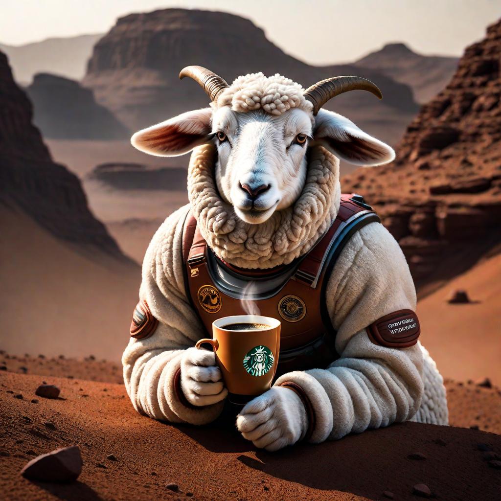  The lamb is drinking coffee in Mars hyperrealistic, full body, detailed clothing, highly detailed, cinematic lighting, stunningly beautiful, intricate, sharp focus, f/1. 8, 85mm, (centered image composition), (professionally color graded), ((bright soft diffused light)), volumetric fog, trending on instagram, trending on tumblr, HDR 4K, 8K