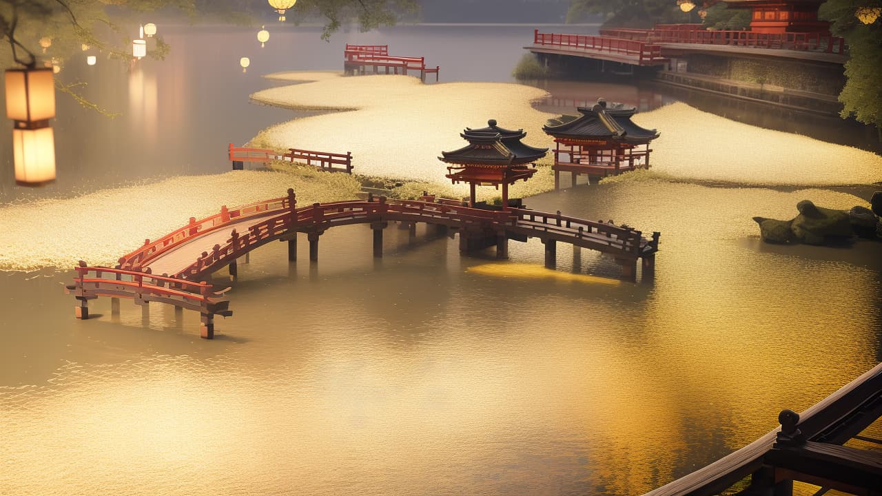  masterpiece, best quality, (Fidelity: 1.4), Best Quality, Masterpiece, Ultra High Resolution, 8k resolution, A night view inspired by Japanese art, featuring a garden illuminated by paper lanterns and a wooden bridge spanning a tranquil lake, by the lakeside, there is a small Zen temple. The water reflects the starry sky.