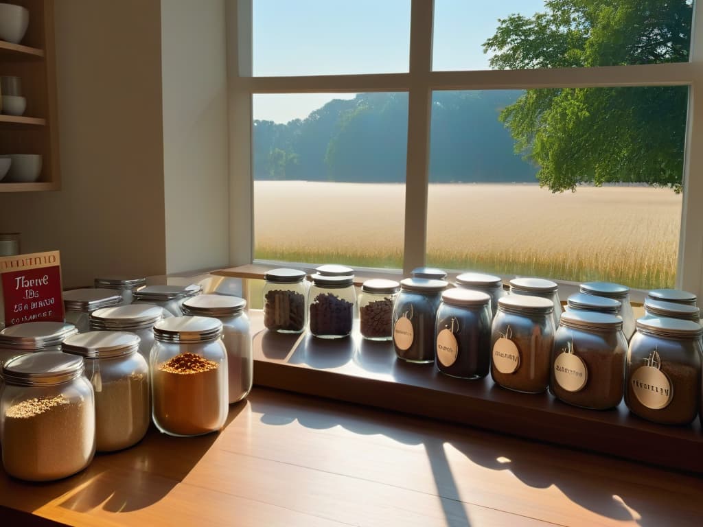  An ultradetailed image of a pristine, modern kitchen filled with glass jars of various sizes, each meticulously labeled with handwritten tags indicating sustainable bulk ingredients such as flour, sugar, and nuts. The sunlight streams in through a large window, casting a warm glow on the organized display, creating a minimalist and tranquil scene that evokes a sense of sustainable culinary craftsmanship. hyperrealistic, full body, detailed clothing, highly detailed, cinematic lighting, stunningly beautiful, intricate, sharp focus, f/1. 8, 85mm, (centered image composition), (professionally color graded), ((bright soft diffused light)), volumetric fog, trending on instagram, trending on tumblr, HDR 4K, 8K