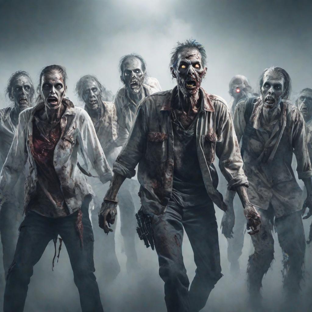  zombies on a white background, cute, hyper detail, full HD hyperrealistic, full body, detailed clothing, highly detailed, cinematic lighting, stunningly beautiful, intricate, sharp focus, f/1. 8, 85mm, (centered image composition), (professionally color graded), ((bright soft diffused light)), volumetric fog, trending on instagram, trending on tumblr, HDR 4K, 8K