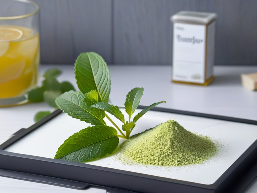  An intricately designed, minimalist illustration of a variety of natural sweeteners suitable for diabetics, including stevia leaves, monk fruit, and erythritol crystals, elegantly arranged on a sleek, modern kitchen countertop. Each sweetener is depicted in exquisite detail, showcasing their unique textures and colors under soft, natural lighting that highlights their wholesome and safe qualities. The image exudes a sense of sophistication and reliability, perfectly complementing the informative and professional tone of the article on natural sweeteners for diabetics. hyperrealistic, full body, detailed clothing, highly detailed, cinematic lighting, stunningly beautiful, intricate, sharp focus, f/1. 8, 85mm, (centered image composition), (professionally color graded), ((bright soft diffused light)), volumetric fog, trending on instagram, trending on tumblr, HDR 4K, 8K