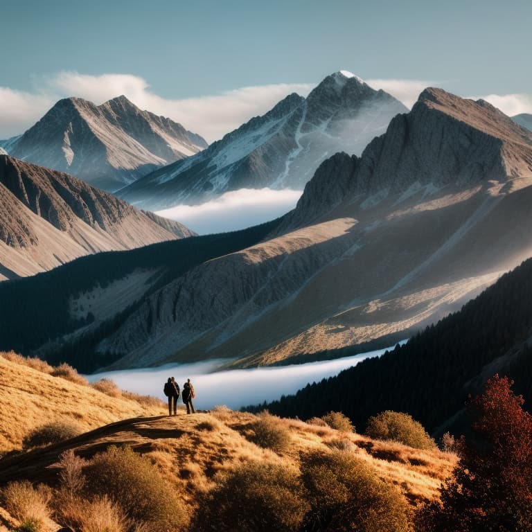  landscape The guys On the mountain hyperrealistic, full body, detailed clothing, highly detailed, cinematic lighting, stunningly beautiful, intricate, sharp focus, f/1. 8, 85mm, (centered image composition), (professionally color graded), ((bright soft diffused light)), volumetric fog, trending on instagram, trending on tumblr, HDR 4K, 8K