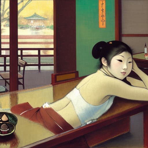  Beautiful young Japanese reclining on a dinner table, fine chocolates. Background is a Japanese restaurant. Painting style of Edgar Degas