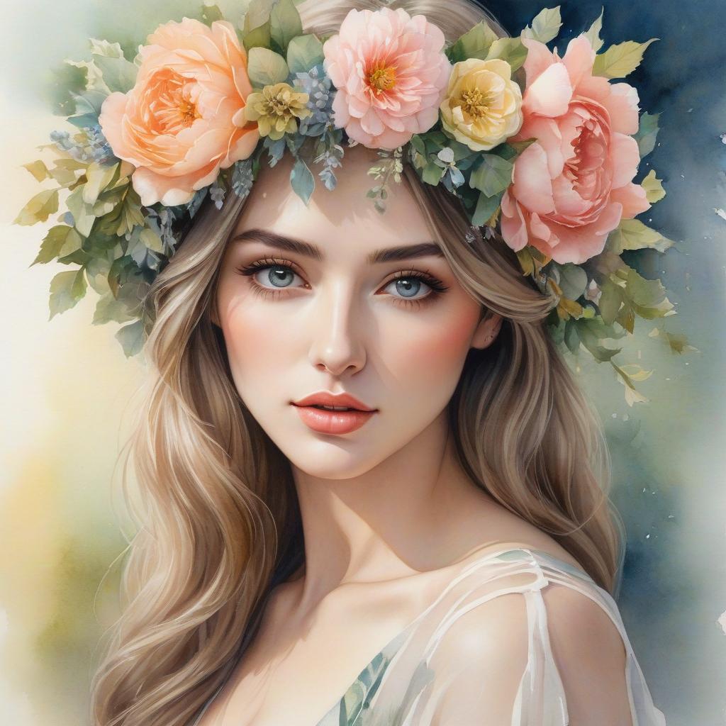  watercolor painting A watercolor painting of a young woman with a floral wreath on her head, featuring soft colors and a dreamy expression. . vibrant, beautiful, painterly, detailed, textural, artistic hyperrealistic, full body, detailed clothing, highly detailed, cinematic lighting, stunningly beautiful, intricate, sharp focus, f/1. 8, 85mm, (centered image composition), (professionally color graded), ((bright soft diffused light)), volumetric fog, trending on instagram, trending on tumblr, HDR 4K, 8K