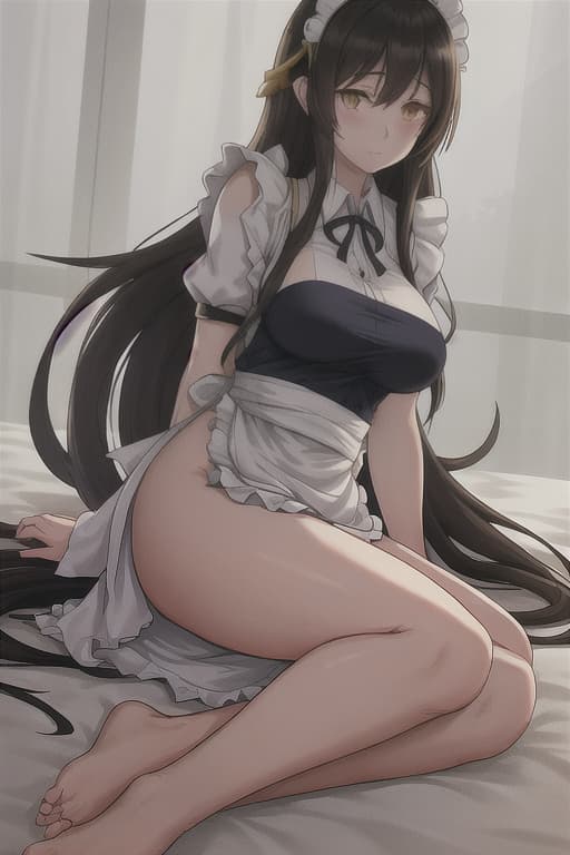  (score 9,score 8 up,score 7 up,), Hyuga hinata from Naruto ,1girl,solo,maid,maid headdress,looking at viewer,apron,brown hair,indoors,black hair,bare foot,feet focus,two feet hyperrealistic, full body, detailed clothing, highly detailed, cinematic lighting, stunningly beautiful, intricate, sharp focus, f/1. 8, 85mm, (centered image composition), (professionally color graded), ((bright soft diffused light)), volumetric fog, trending on instagram, trending on tumblr, HDR 4K, 8K