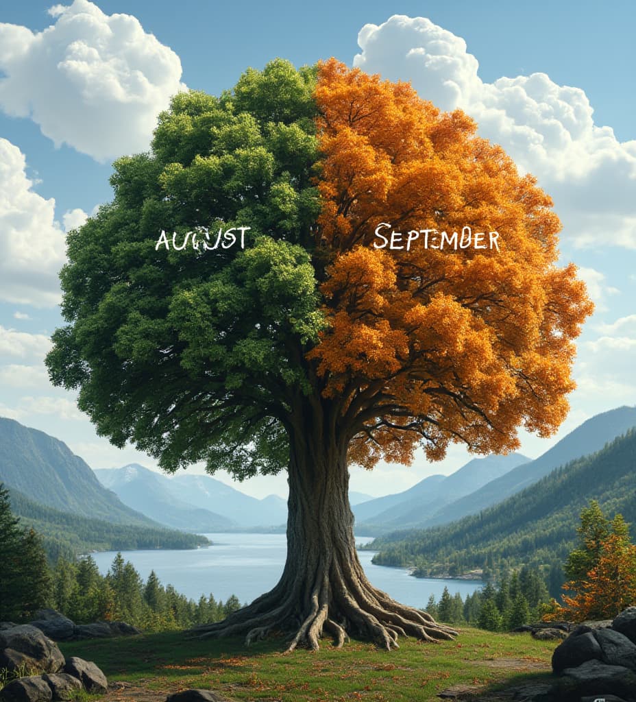  good quality, high quality, a cinematic photo of a massive tree with a duality of summer and autumn seasons. the tree has large, green leaves and text "august" on one side and small, orange leaves and text "september " on the other. the background reveals a serene landscape with mountains, forests, and a body of water. the lighting is natural. the photo has a high resolution of 8k and is highly detailed, typography