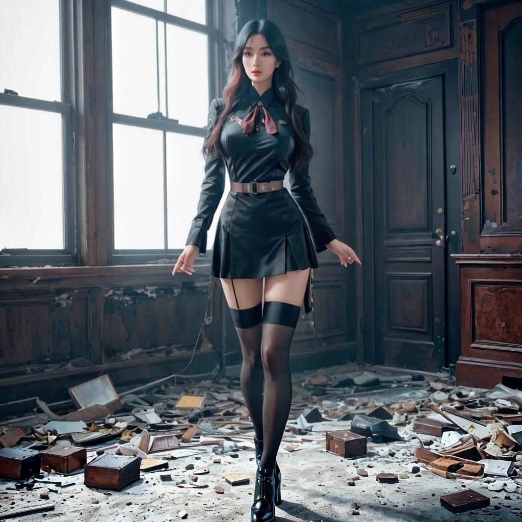 A wearing uniform and black stockings is running through a room with a broken window. beauty asia idol face, beauty face, perfect body, The room appears to be in a state of disrepair, with debris scattered around. The has a determined look on her face as she navigates through the ruined space. There's a scary huge monster running behind . hyperrealistic, full body, detailed clothing, highly detailed, cinematic lighting, stunningly beautiful, intricate, sharp focus, f/1. 8, 85mm, (centered image composition), (professionally color graded), ((bright soft diffused light)), volumetric fog, trending on instagram, trending on tumblr, HDR 4K, 8K