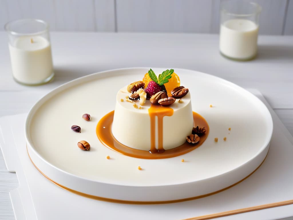  An ultradetailed image of a perfectly plated panna cotta dessert, featuring a smooth coffeeflavored panna cotta topped with a generous sprinkle of chopped walnuts and a drizzle of caramel sauce. The dessert is elegantly presented on a sleek, white ceramic plate, exuding a sense of luxury and indulgence. Each element is meticulously arranged to create a visually appealing composition that showcases the harmony of flavors and textures in this exquisite dessert. The lighting is soft and focused, highlighting the glossy surface of the panna cotta and the rich tones of the nuts, inviting the viewer to savor the delicious combination of coffee, nuts, and creamy sweetness. hyperrealistic, full body, detailed clothing, highly detailed, cinematic lighting, stunningly beautiful, intricate, sharp focus, f/1. 8, 85mm, (centered image composition), (professionally color graded), ((bright soft diffused light)), volumetric fog, trending on instagram, trending on tumblr, HDR 4K, 8K