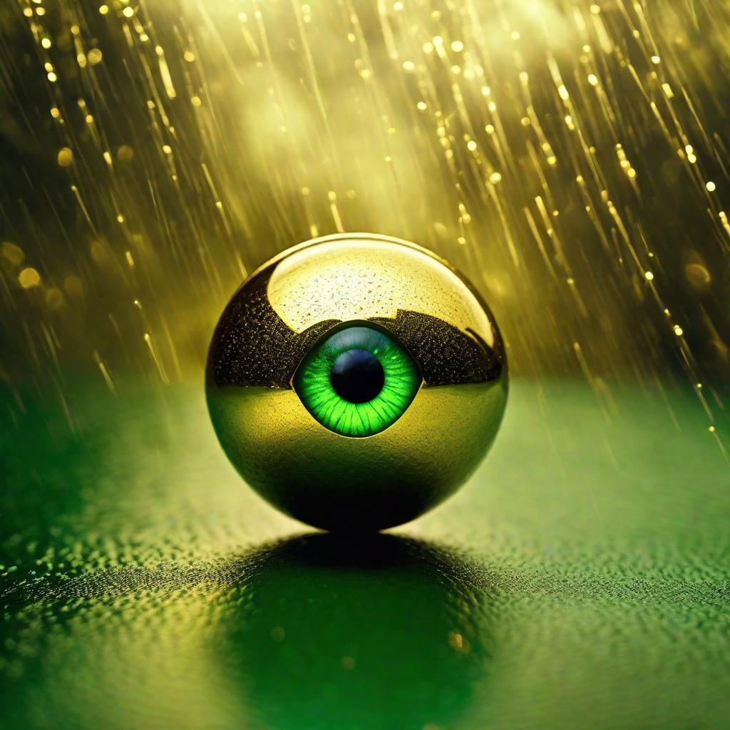  1 eyeball floating in gold clouds with green rain voodoo vision unify hyperrealistic, full body, detailed clothing, highly detailed, cinematic lighting, stunningly beautiful, intricate, sharp focus, f/1. 8, 85mm, (centered image composition), (professionally color graded), ((bright soft diffused light)), volumetric fog, trending on instagram, trending on tumblr, HDR 4K, 8K