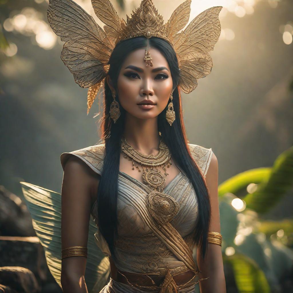  Cambodian fairy Young woman, wide angle shot,concept art hyperrealistic, full body, detailed clothing, highly detailed, cinematic lighting, stunningly beautiful, intricate, sharp focus, f/1. 8, 85mm, (centered image composition), (professionally color graded), ((bright soft diffused light)), volumetric fog, trending on instagram, trending on tumblr, HDR 4K, 8K