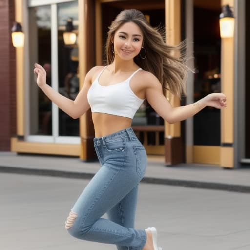  full body uoung female, highlights in hair, dancing outside a restaurant, brown eyes, wearing jeans