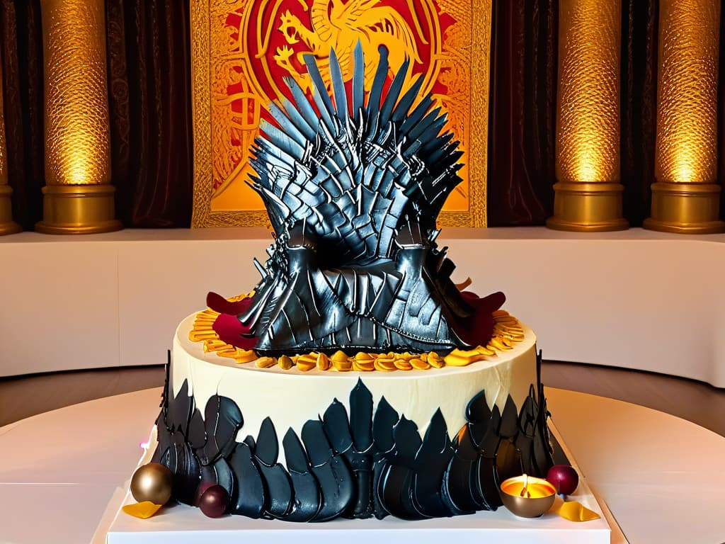  A photorealistic image of an intricately detailed Game of Thronesthemed cake, featuring a towering replica of the Iron Throne as the centerpiece. The cake is adorned with edible replicas of House sigils, dragon scales, and intricate medieval patterns, all crafted with impeccable precision. The background showcases a grand banquet hall setting, complete with flickering torches, elaborate tapestries, and noble guests dressed in medieval attire, creating a truly immersive and regal atmosphere fit for a feast in Westeros. hyperrealistic, full body, detailed clothing, highly detailed, cinematic lighting, stunningly beautiful, intricate, sharp focus, f/1. 8, 85mm, (centered image composition), (professionally color graded), ((bright soft diffused light)), volumetric fog, trending on instagram, trending on tumblr, HDR 4K, 8K